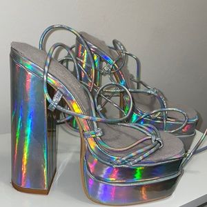 Silver holographic platform lace up heels